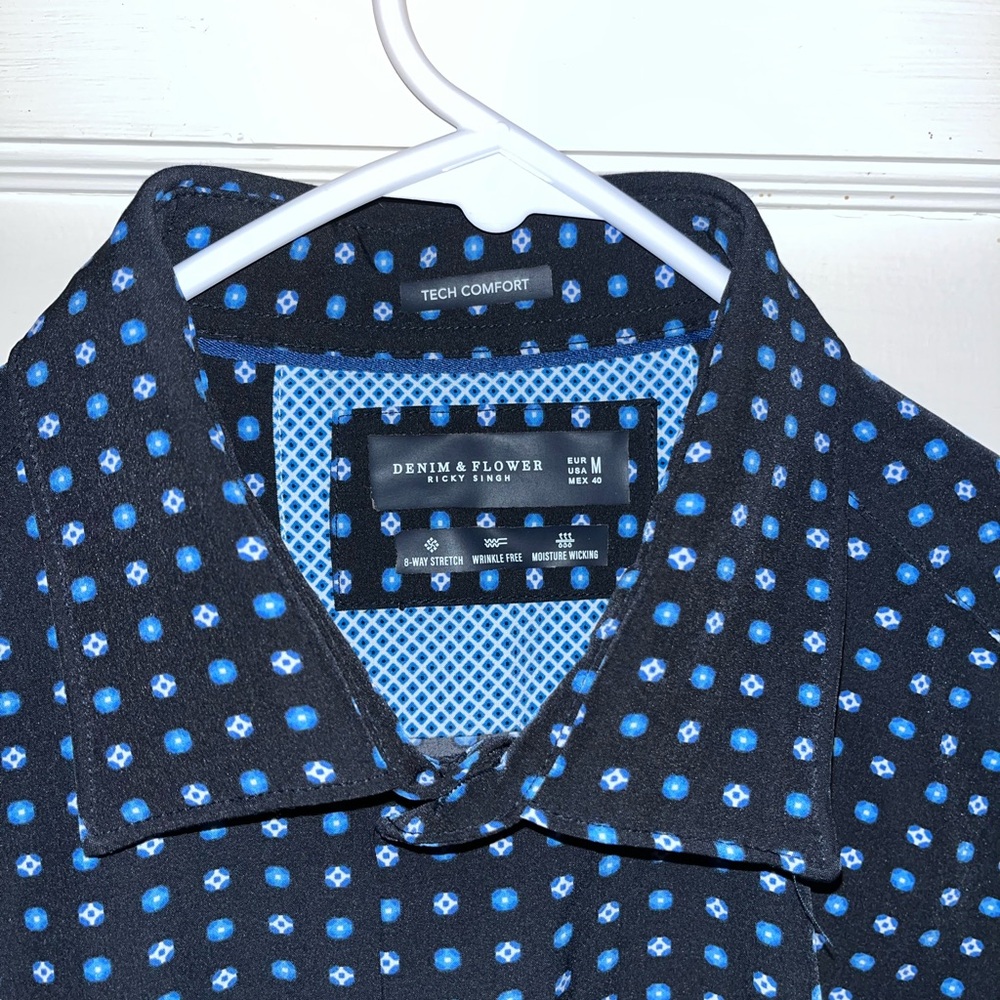 Denim & Flower Men’s Black Button-Down Shirt with Blue Dot Pattern